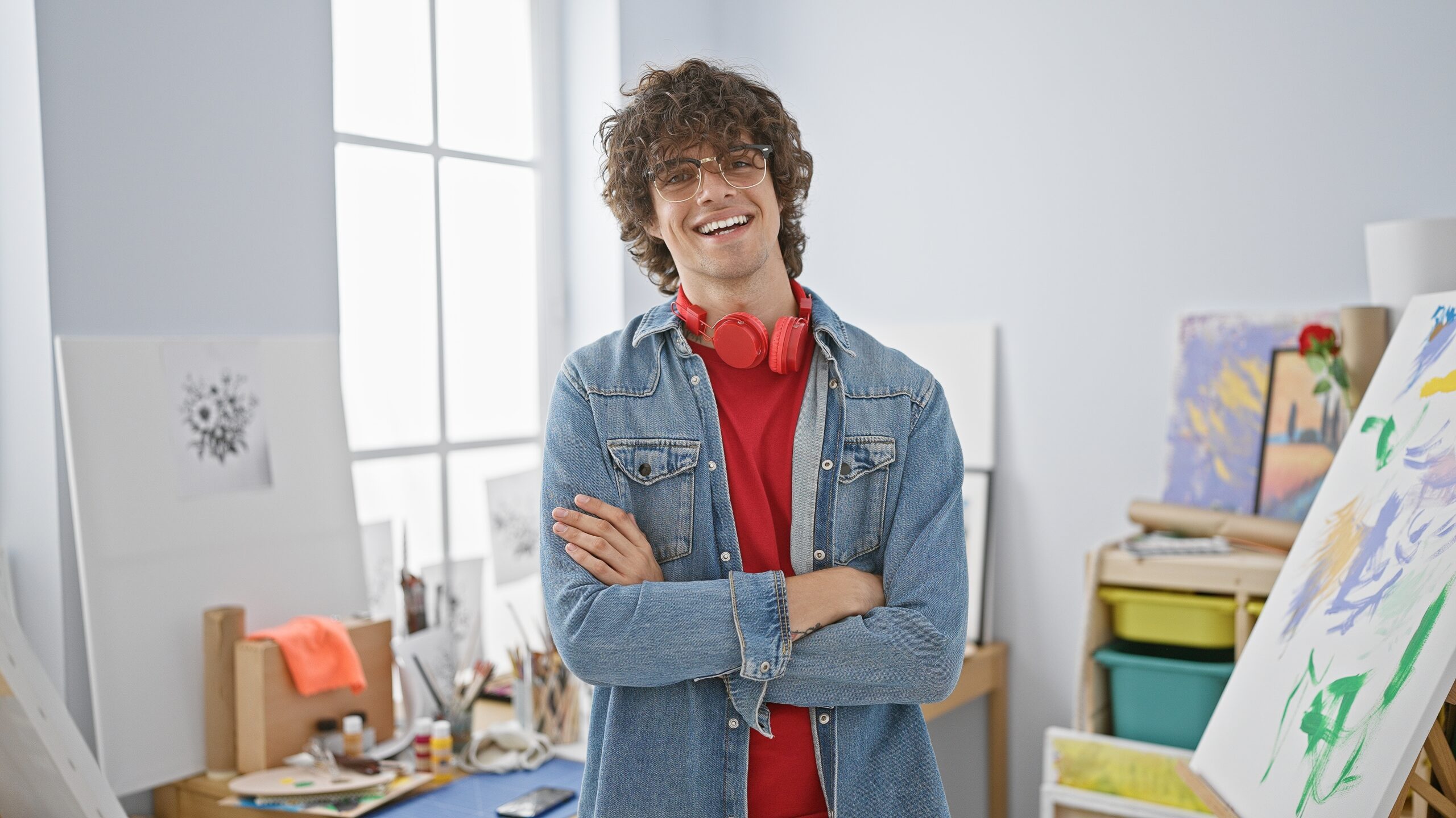 Smiling,Young,Man,With,Curly,Hair,And,Glasses,,Standing,Arms