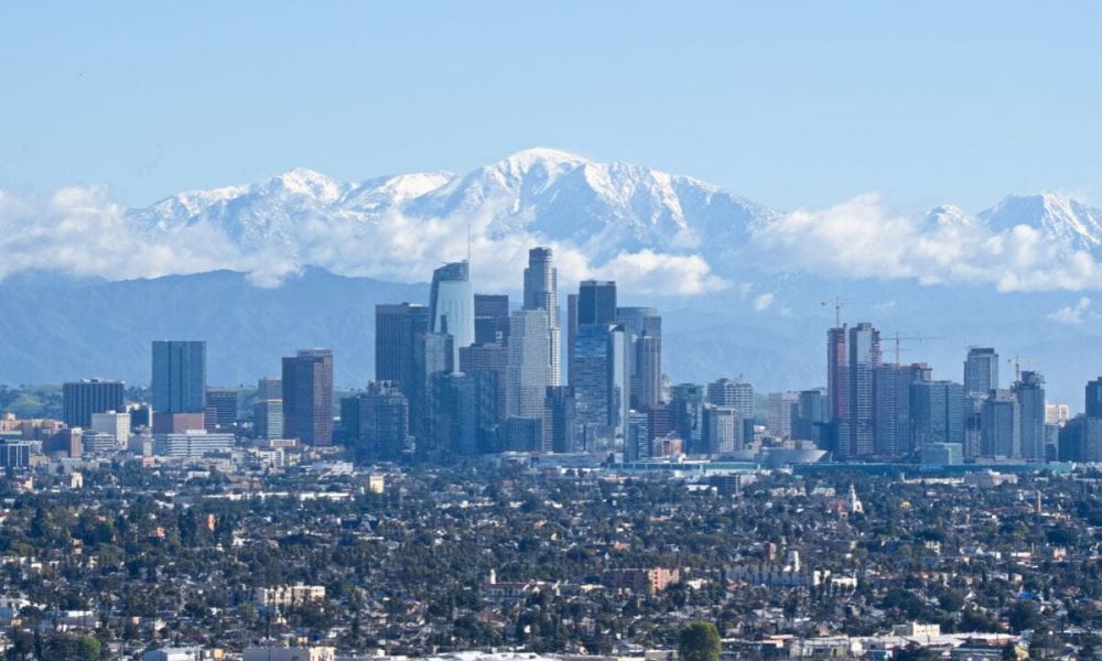 Los Angeles skyline with mountains Los Angeles skyline with mountains